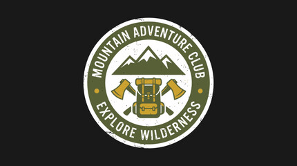 Fototapeta premium Mountain Adventure Club Emblem with Backpack and Axes.