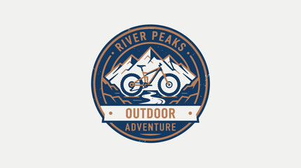 Fototapeta premium Mountain Biking Adventure Emblem with River and Peaks.