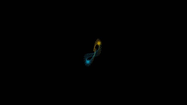 Abstract binary star system with glowing blue and orange orbs orbiting in deep space