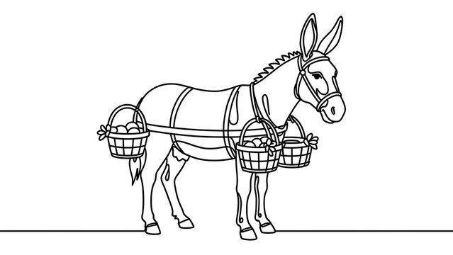 Cartoon donkey with baskets white background.