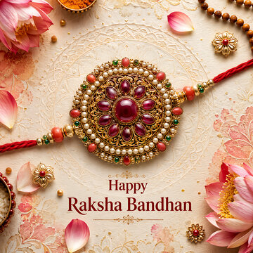 Happy raksha bandhan greeting with circular ruby pearl rakhi pink lotus flowers and ceremonial decorations for hindu religious festival celebration and sibling love