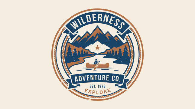 Vintage Wilderness Adventure Co. Logo with Mountains, River, and Canoeist.