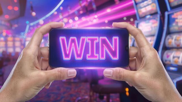 Bright neon win sign on smartphone screen in vibrant casino slot machine background