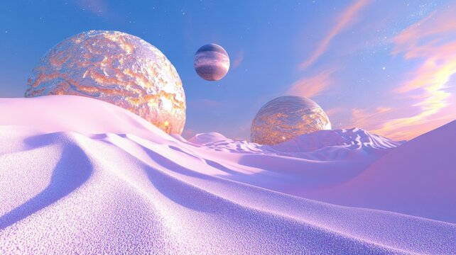 Glowing 3D desert landscape with surreal terrain of stardust