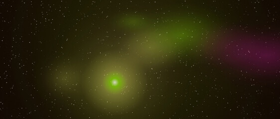 Cosmic nebula with bright green star and purple haze in a starry dark sky © sakhawatullah