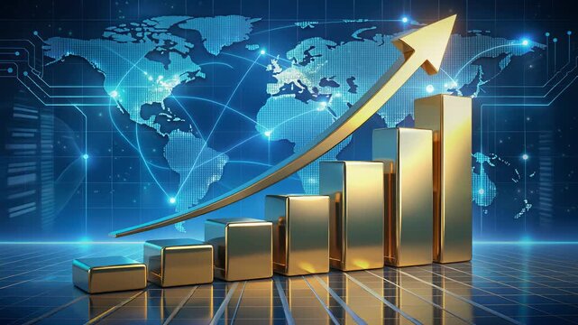 Global business growth concept with golden bar chart and upward arrow on digital world map background