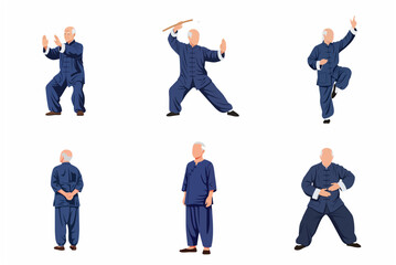 Obraz premium Elderly Asian man practicing Tai Chi and Qigong martial arts poses vector illustration set isolated on white