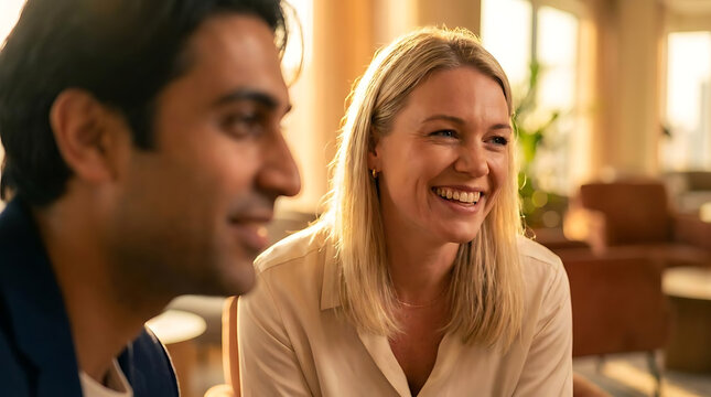 Two professionals having an uplifting discussion in a contemporary office filled with natural light and greenery creating a vibrant atmosphere