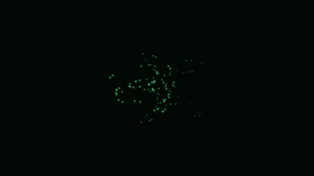 Abstract green bioluminescent particle swarm swirling on a black background