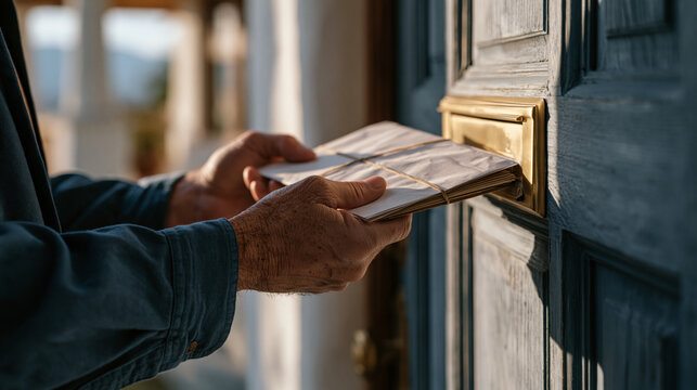 Mail carrier's calloused hands push a rubber banded bundle of envelopes through a brass letterbox on a painted wooden door, the modest bungalow porch visible in soft background