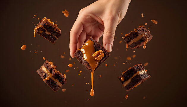 Hand holding a chocolate fudge brownie. Delicious caramel dessert with flying ingredients.