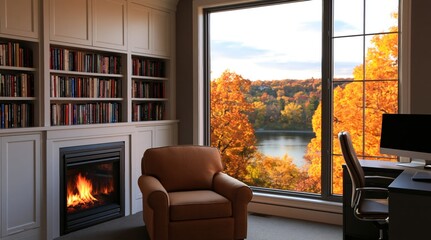 Obraz premium Office library with cozy fireplace and scenic autumn view of lake at sunset home