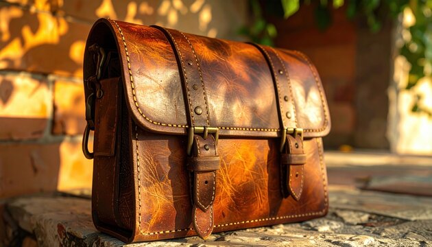 Hand-stitched vintage brown leather satchel bag with brass buckles and detailed texture, showcasing artisanal craftsmanship outdoors