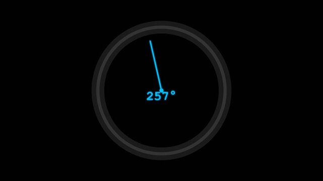 Digital arc compass gauge with rotating blue needle and degree counter on black background