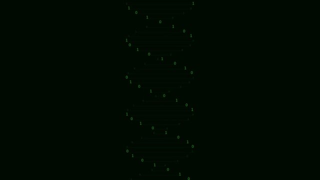 Digital DNA double helix made of green binary code numbers rotating on a black background