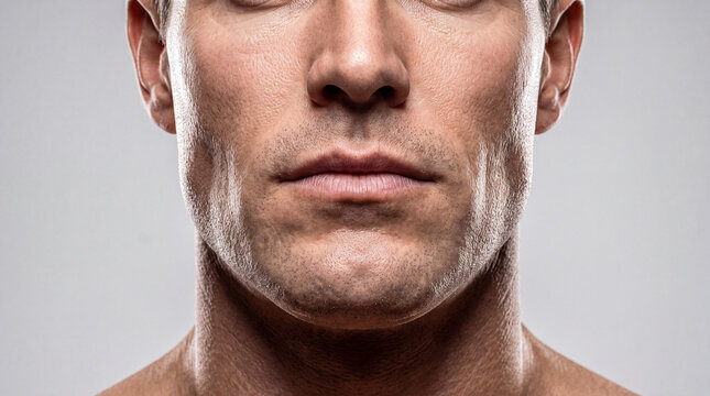Male strong-willed chin with stubble close-up. Square jaw, brutality, leadership, anthropological features of mandible development, face, physiognomy