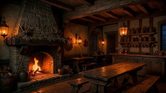Cozy rustic cabin interior with warm fireplace and wooden furniture in traditional country style