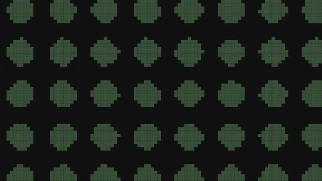 Green pixelated cellular automata patterns pulsing on a black background with a dithered effect