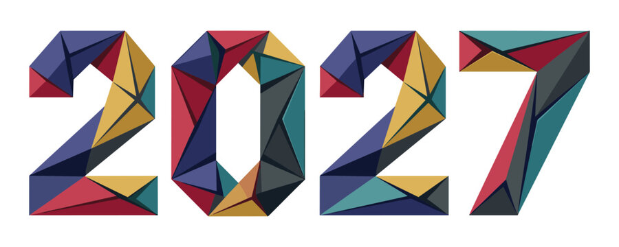 Abstract geometric 2027 lettering isolated on transparent background for new year design.