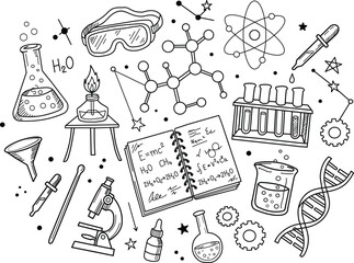 Science laboratory doodle set. Hand drawn chemistry and biology research equipment icons. © faij sayed