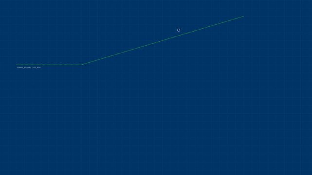 Minimalist technical blueprint schematic with a green line graph moving across a blue grid