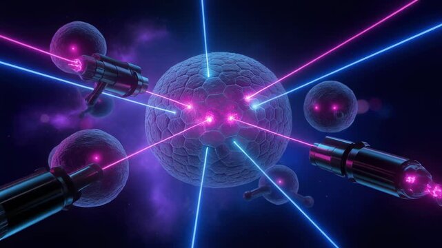 3D illustration of futuristic laser beams targeting cells in scientific medical research concept