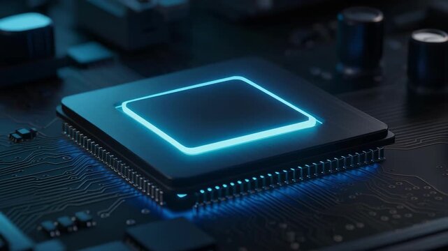 Close up of glowing computer microchip on circuit board technology background