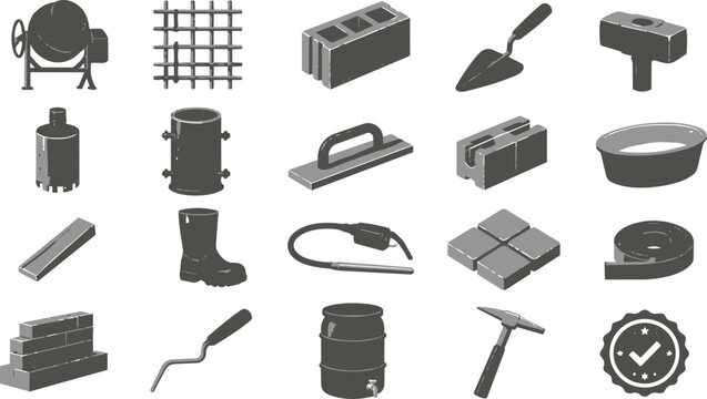 Construction and masonry tools icons set on white background