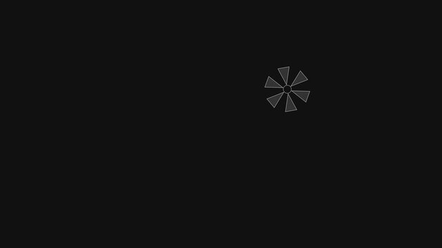 White camera shutter icon rotating and moving across a dark screen in a minimalist motion graphic