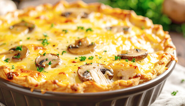 Creamy chicken and mushroom julienne, macro shot. AI