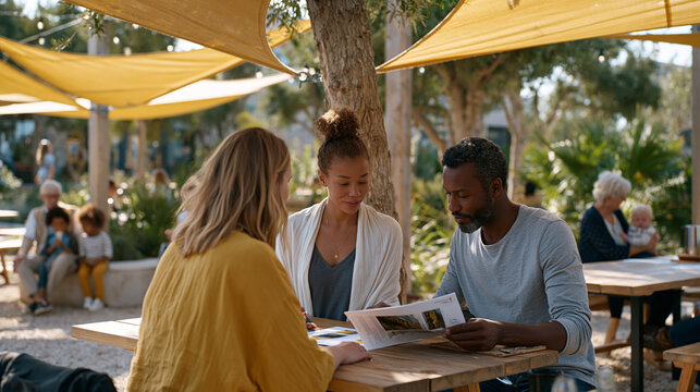 Diverse technical writing team in harsh outdoor midday sun reviewing a printed manual together while a grandparent babysits two young children under a canopy nearby, sunlit