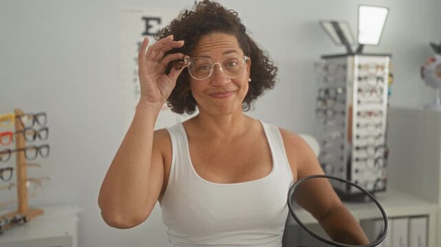 Woman holding eyeglasses with raised hand and smiling while offering frames in optical studio; friendly confidence.