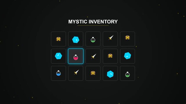 Minimalist Game User Interface Showing Mystic Inventory Selection of Fantasy RPG Items Animation