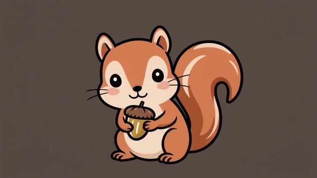 A cute cartoon squirrel with light brown fur and cream belly holding an acorn on a dark background, symbolizing playfulness, nature, and friendly woodland character design.