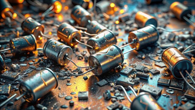 Damaged cracked electrolytic capacitors lie scattered and isolated in ruin a testament to catastrophic electronic failure