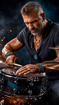 Intense musician plays drum against dark background.