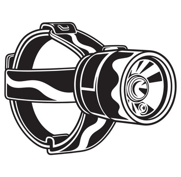 Black and white illustration of a headlamp on a headband