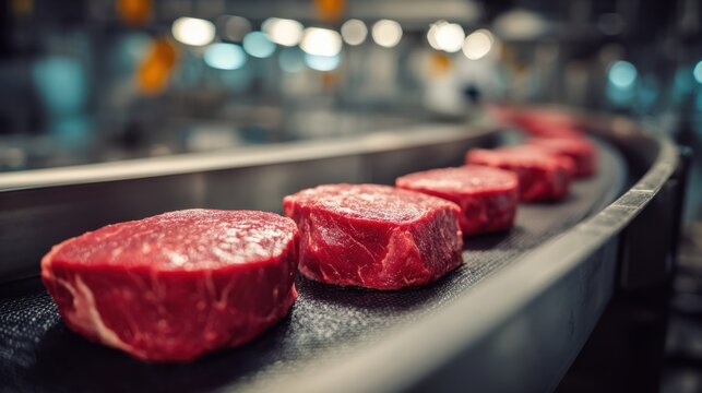 Premium raw beef steaks moving along a conveyor belt in a modern meat processing plant, highlighting automated food production, quality control, and industrial efficiency.