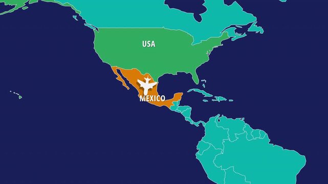 Flight Map Animation Showing Airplane Route Travelling From USA to Mexico. Perfect visual for video editors, content creators, and marketing agencies needing high-end geographical transitions.