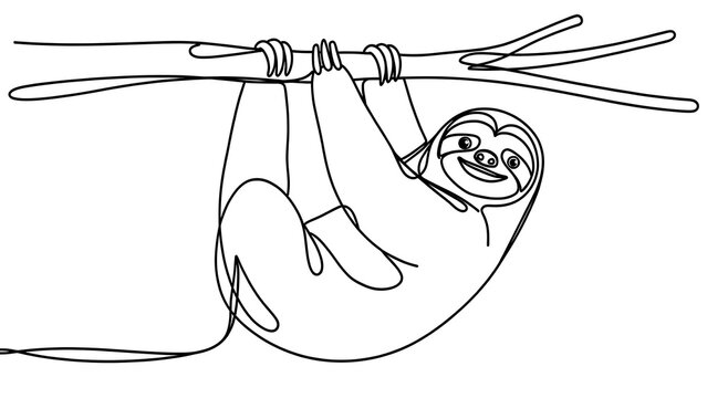 Cute sloth hanging from branch white background.