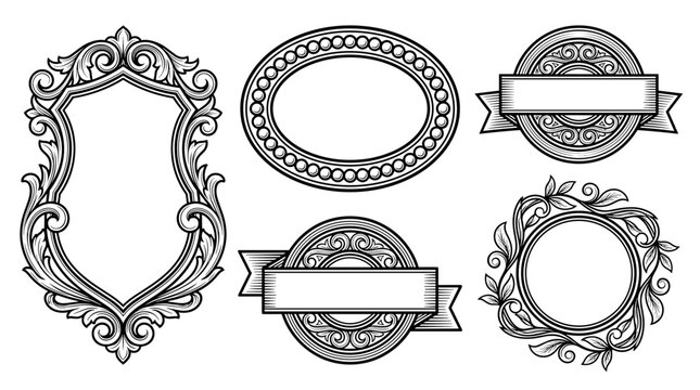 Set of ornate vintage frames with ribbons, detailed Victorian border elements, elegant calligraphic flourishes, decorative heraldic shield, royal