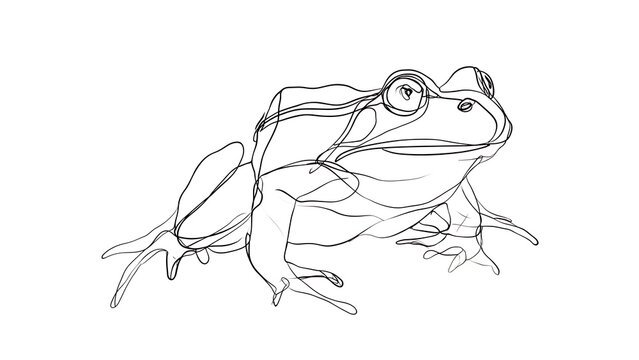 Line art frog illustration white background.
