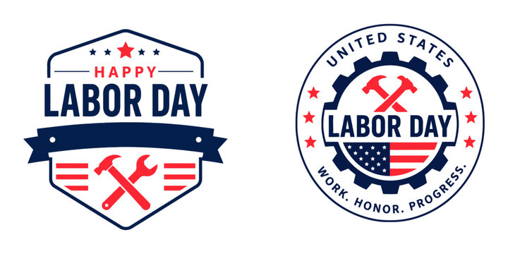 Two patriotic labor day badges with stars and stripes featuring crossed tools on a white background for national celebrations