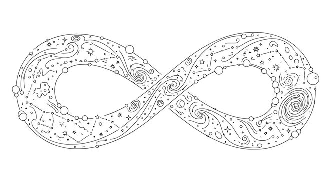 Infinity Symbol Filled with Celestial Bodies, Galaxies, Stars, and Swirls
