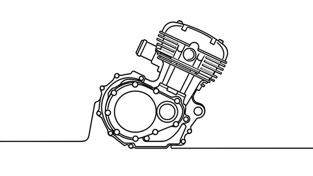 Motorcycle engine line drawing white background.