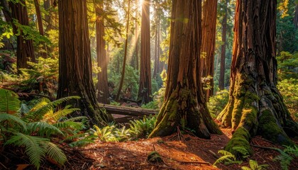 Obraz premium Majestic ancient redwood trees bathed in golden sunlight, illuminating a serene forest floor.
