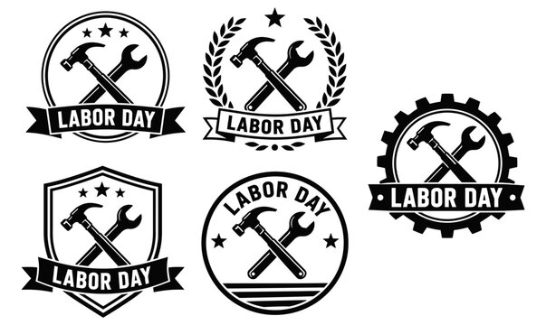 Black and white labor day badges with crossed hammer and wrench tools inside circular frames and laurel wreaths on a white background