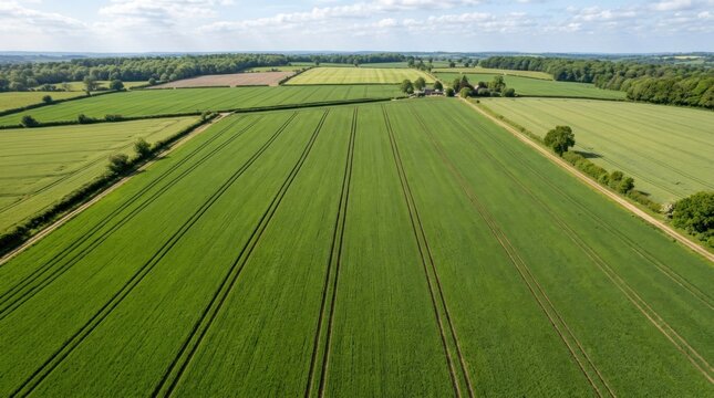 An aerial photograph showcases a vast, undulating field of vibrant green crops stretching across a rural landscape. Parallel furrows define the fields, creating a visually striking pattern.