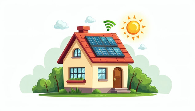 Eco-friendly house with solar panels on the roof, generating clean energy and powered by the sun, surrounded by lush green trees and bushes
