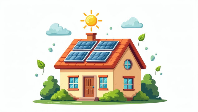 Eco-Friendly Modern House with Solar Panels on Roof for Sustainable Green Energy Living Illustration